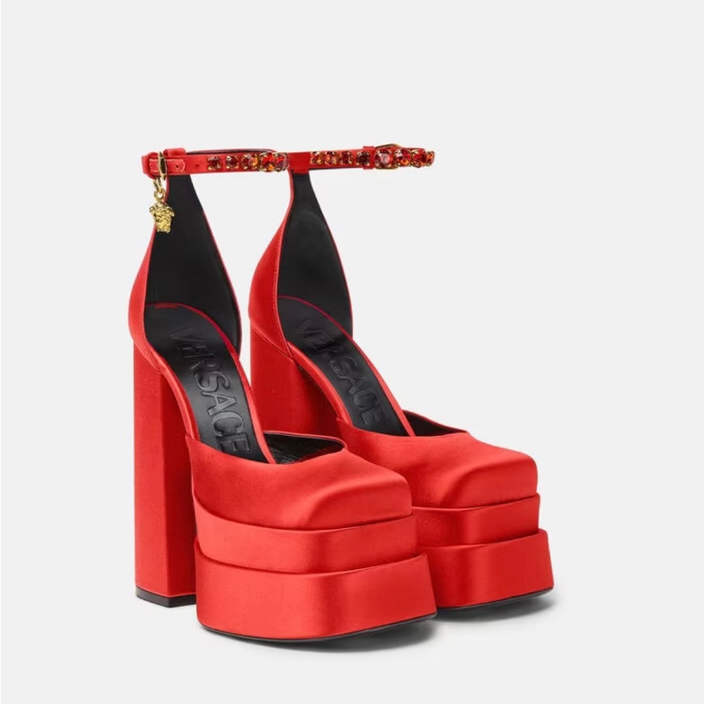 Red satin Versace platform heel